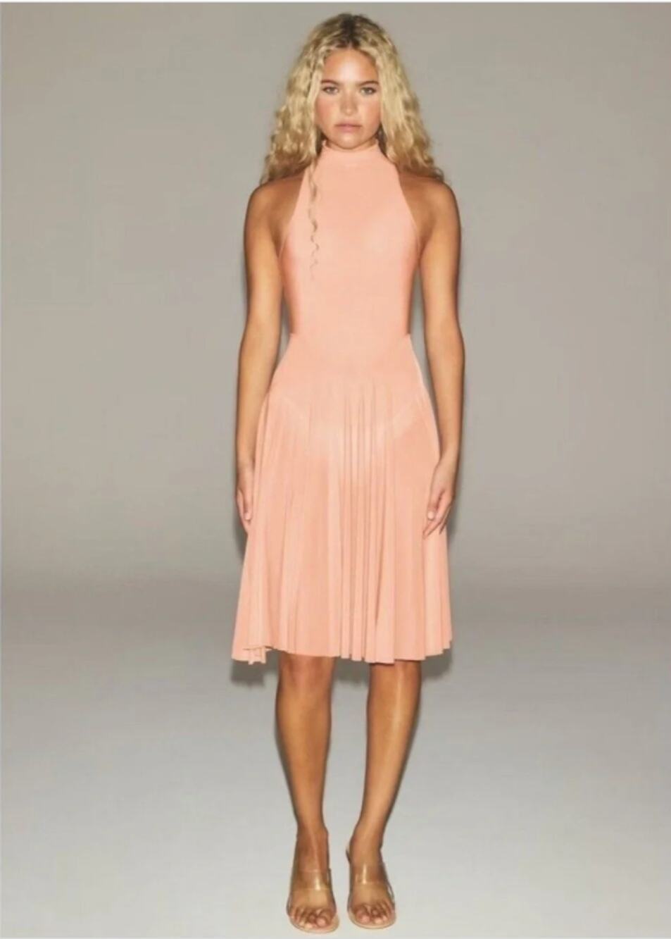 SKIMS Milky Sheer Pleated Dress Sleeveless High Neck Peach Desert Clay Medium